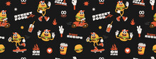 Burger Retro Cartoon Fast Food Seamless Pattern. Comic Character, Slogan, Quotes And Other Elements For Burger Bar, Cafe, Restaurant. Groovy Funky Trendy Vector Illustration And Background.