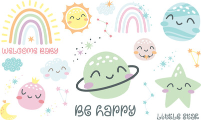 Wall Mural - Cute vector set. Sleeping planets. Sun, flax, uranium, Pluto, stars and other planets, rainbow. Cute children's illustrations.