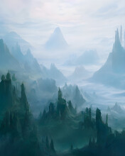 Large Number Of Mountains, Fantasy Landscapes Touching The Horizons, Skies And Dense Lush Forest
