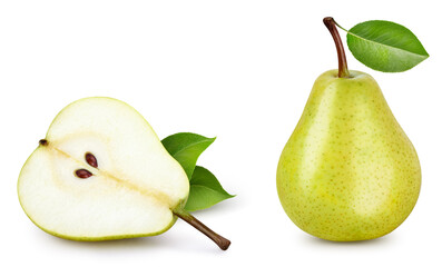 Sticker - Pear collection with leaves isolated on white background. Pear clipping path.