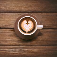 Wall Mural - cup of coffee with heart in wooden table