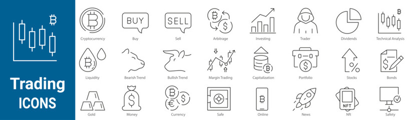 Wall Mural - Set of 24 linear icon trading. Editable stroke. Cryptocurrency, Investing, Bitcoin.