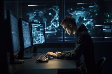 Programmer working at their computer, surrounded by monitors displaying code. Generative AI