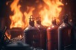 Gas tanks or bottles on flaming background with risk of explosion. Hazardous gas usage illustration. Generative AI