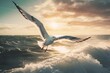 A peaceful albatross glides over the ocean waves with ease, wings outstretched as sunlight glistens on the water. Generative AI