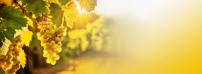 Bunch of ripe green sweet grapes on vine under the rays of setting sun on blurred landscape background. Grapes for the production of white wine. Autumn harvest. Banner size, copy space. Generative AI