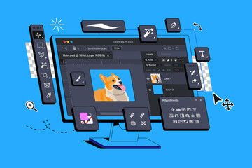 The Photo Editor Program is displayed on the computer. The display shows the Application for Editing Raster Images. Photography Footage montage. Pictures Editing Software Interface. Creating digital a
