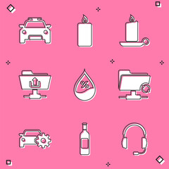 Poster - Set Police car and flasher, Burning candle, candlestick, FTP folder upload, Water drop percentage and sync refresh icon. Vector