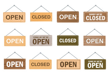 Aufkleber - Open and closed signboards mega set elements in flat design. Bundle of wooden board plates with text message to clients for hanging at shops entrances. Vector illustration isolated graphic objects