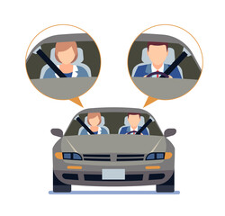 Wall Mural - Driving regulations, man and woman in car wearing seat belt. Vehicle safety rules. Driver and passenger inside automobile, couple in auto front view. Cartoon flat style vector concept