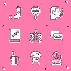 Poster - Set Inhaler, No smoking, Man cigarette, Book with stop, Disease lungs, Electronic and Tooth caries icon. Vector