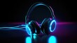 © RocknRoller Studios - Futuristic Headphones with multicolored Neon lights Generative AI.