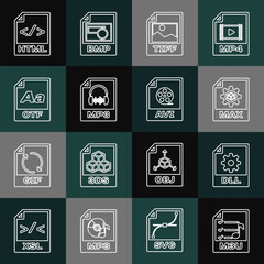 Sticker - Set line M3U file document, DLL, MAX, TIFF, MP3, OTF, HTML and AVI icon. Vector