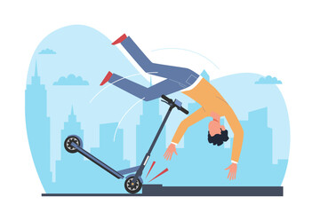 Guy without helmet falls off electric scooter and flies over handlebars. Incident on road, injured person. Broken vehicle. Riding on bike boy. Cartoon flat style isolated vector concept