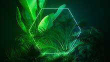 Trendy Background Design. Tropical Plants With Green And Blue, Hexagon Shaped Neon Frame.