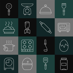 Sticker - Set line Jam jar, Broken egg, Microwave oven, Covered with tray of food, Blender, Bowl hot soup, Spatula and Rolling pin icon. Vector