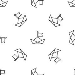 Wall Mural - Grey line Folded paper boat icon isolated seamless pattern on white background. Origami paper ship. Vector