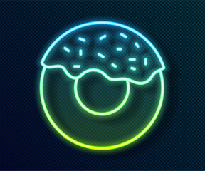 Wall Mural - Glowing neon line Donut with sweet glaze icon isolated on black background. Vector