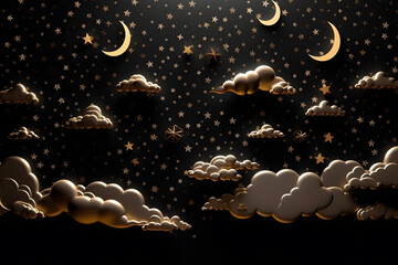 Wall Mural - black and gold night sky illustration with moon and clouds. neural network ai generated art