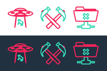 Wall Mural - Set line FTP cancel operation, UFO abducts cow and Two crossed hammers icon. Vector