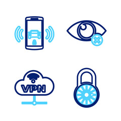 Poster - Set line Safe combination lock wheel, VPN Network cloud connection, Invisible hide and Smart car alarm system icon. Vector