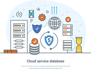 Cloud service database network computing technology, data storage. Digital service for data transferring, cloud computing service business technology thin line design of vector doodles
