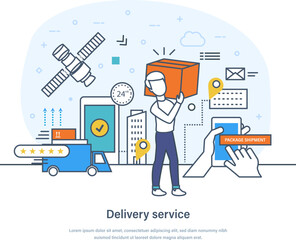 Wall Mural - Courier delivering parcel box to customer at home and office. Online delivery service, city logistics concept. Online order, e-commerce thin line design of vector doodles