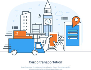 Wall Mural - Cargo transportation, freight logistics, fast delivery service business concept. Warehouse, storage of goods, freight transportation, cargo trucking thin line design of vector doodles