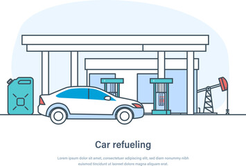 Car refueling with gasoline oil at gas station. Gas, petroleum, diesel fuel filling service station. Oil industry production, processing and transportation thin line design of vector doodles