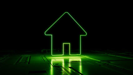 Green neon light home icon. Vibrant colored Internet technology symbol, on a black background with high tech floor. 3D Render
