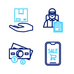 Sticker - Set line Mobile phone and shopping cart, Stacks paper money cash, Delivery man with cardboard boxes and hand icon. Vector