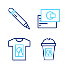 Canvas Print - Set line Coffee cup to go, T-shirt, Business card and Pencil with eraser icon. Vector