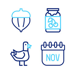 Sticker - Set line November calendar autumn, Dove, Jam jar and Acorn icon. Vector