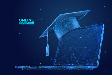 Aufkleber - Abstract graduation cap on a laptop. Education online concepts. Low poly wireframe vector illustration on technology blue background.