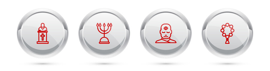 Sticker - Set line Church pastor preaching, Hanukkah menorah, Man with third eye and Rosary beads religion. Silver circle button. Vector