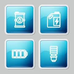 Sticker - Set line Bio fuel barrel, Eco canister, Battery and LED light bulb icon. Vector