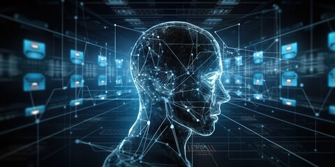 Artificial intelligence, a humanoid cyber human with a neural network thinks. AI concept of big data or cyber security. Chat GPT concept. AI with a digital brain processes big data. Generative AI
