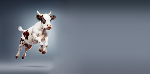 Cow jumping, studio background, animal welfare in industry, dairy production, generative AI
