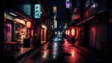 Fototapeta Uliczki - Tokyo Japan night city neon lights glowing streets. Generative AI. 