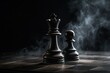 © Nadia - Queen and pawn on a chessboard. Leadership, teamwork, partnership, business strategy concept. Chess figures on a dark background. Generative AI