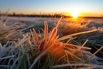 Poster - winter sunset over a rural landscape. Generative AI