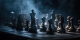 Fototapeta  - Chess figures on a dark background with smoke and fog. Epic chess game illustration. Chess pieces on a chessboard, blurred background. Concept of  business ideas, competition, strategy. Generative AI