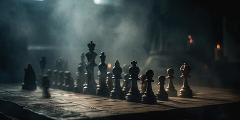 Wall Mural - Chess figures on a dark background with smoke and fog. Epic chess game illustration. Chess pieces on a chessboard, blurred background. Concept of  business ideas, competition, strategy. Generative AI