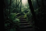 Fototapeta Las - Wooden Staircase in the Heart of a Serene Forest. Generative AI
