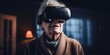 Elderly woman wearing virtual reality headset. Modern elderly lifestyle. Old european woman watching virtual reality headset. Modern lifestyle, joyful elderly lifestyle concept. Generative AI