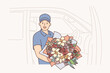 © Valery - Delivery man holds flowers standing near car for transporting bouquets ordered in online store