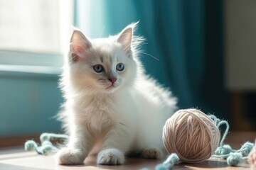 Poster - Adorable fluffy kitten playing with a ball of yarn, in a pastel-colored room with a window that lets in warm sunlight. Generative AI