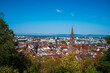 Germany, Freiburg im breisgau city baden schwarzwald old town skyline panorama view above roof and muenster church building behind green trees
