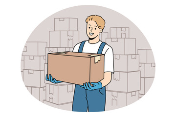 Wall Mural - Parcel delivery and post service concept. Smiling man worker in uniform standing with heap of parcels boxes delivery transportation carrying to customer vector illustration