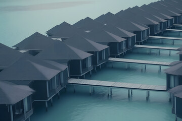 Wall Mural - Aerial view of Maldives island, luxury water villas resort and wooden pier. Neural network AI generated art